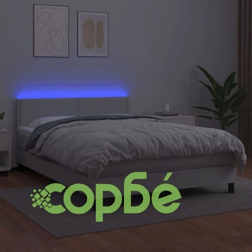 Боксспринг легло с матрак и LED бяло 140x200 см изкуствена кожа ➤ топ цена ➤ sorbe.bg