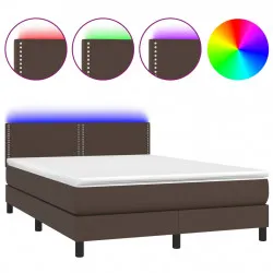 Боксспринг легло с матрак LED кафяво 140x200 см изкуствена кожа