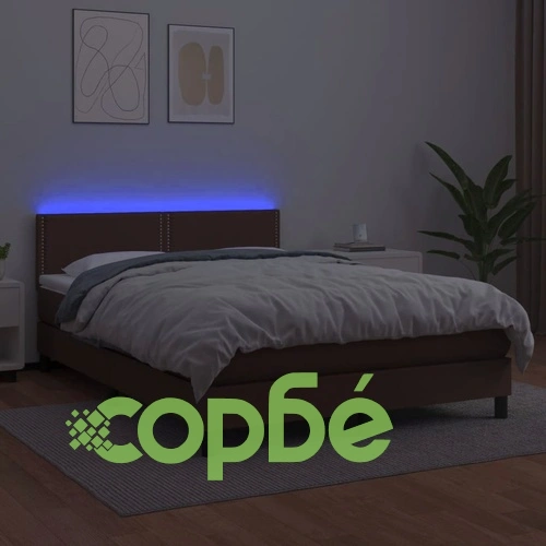Боксспринг легло с матрак LED кафяво 140x200 см изкуствена кожа ➤ топ цена ➤ sorbe.bg