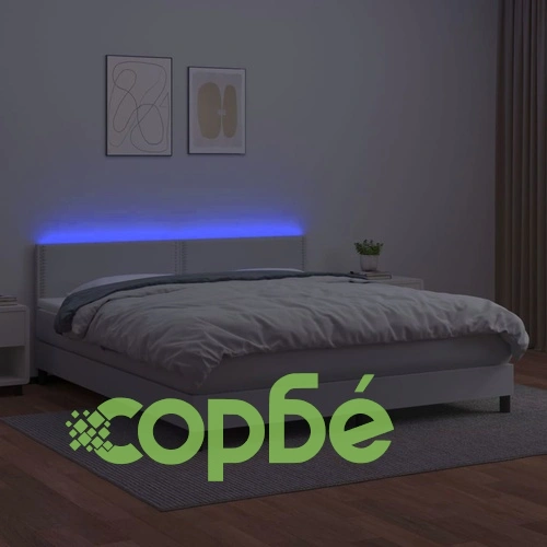 Боксспринг легло с матрак и LED бяло 160x200 см изкуствена кожа ➤ топ цена ➤ sorbe.bg