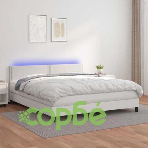 Боксспринг легло с матрак и LED бяло 160x200 см изкуствена кожа ➤ топ цена ➤ sorbe.bg