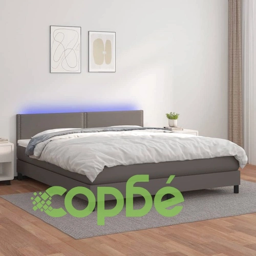Боксспринг легло с матрак и LED сиво 160x200 см изкуствена кожа ➤ топ цена ➤ sorbe.bg