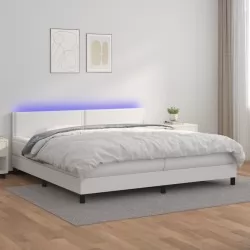 Боксспринг легло с матрак и LED бяло 200x200 см изкуствена кожа