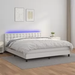 Боксспринг легло с матрак и LED бяло 160x200 см изкуствена кожа
