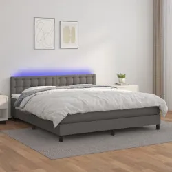Боксспринг легло с матрак и LED сиво 180x200 см изкуствена кожа