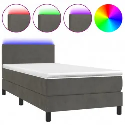 Боксспринг легло с матрак и LED, тъмносиво, 90x190 см, кадифе