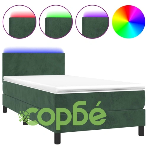 Боксспринг легло с матрак и LED, тъмнозелено, 90x190 см, кадифе ➤ топ цена ➤ sorbe.bg