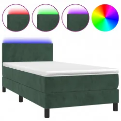 Боксспринг легло с матрак и LED, тъмнозелено, 100x200см, кадифе