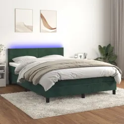 Боксспринг легло с матрак и LED, тъмнозелено, 140x200см, кадифе