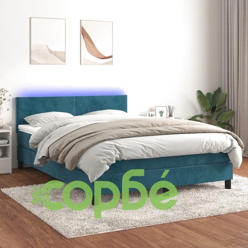 Боксспринг легло с матрак и LED, тъмносиньо, 140x200 см, кадифе ➤ топ цена ➤ sorbe.bg
