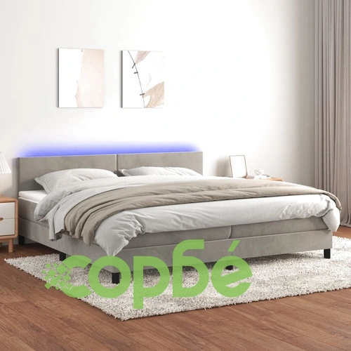 Боксспринг легло с матрак и LED, светлосиво, 200x200 см, кадифе ➤ топ цена ➤ sorbe.bg