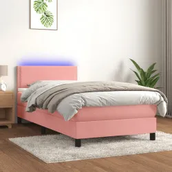 Боксспринг легло с матрак и LED, розово, 90x190 см, кадифе