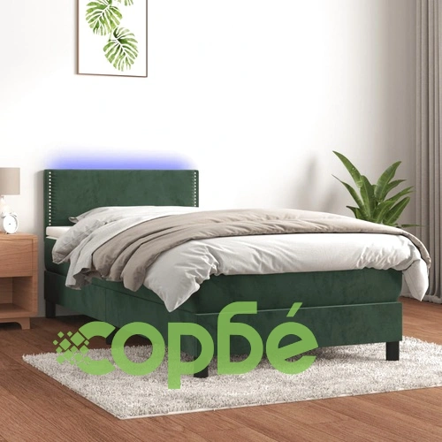Боксспринг легло с матрак и LED, тъмнозелено, 90x200 см, кадифе ➤ топ цена ➤ sorbe.bg