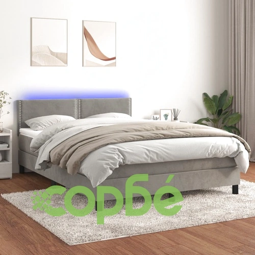 Боксспринг легло с матрак и LED, светлосиво, 140x200 см, кадифе ➤ топ цена ➤ sorbe.bg