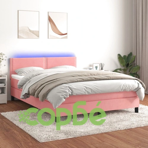 Боксспринг легло с матрак и LED, розово, 140x200 см, кадифе ➤ топ цена ➤ sorbe.bg