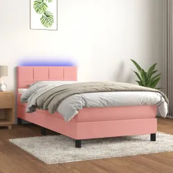Боксспринг легло с матрак и LED, розово, 100x200 см, кадифе