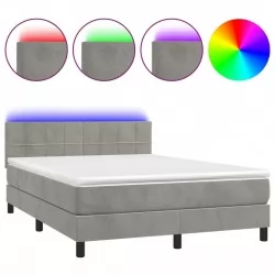 Боксспринг легло с матрак и LED, светлосиво, 140x200 см, кадифе