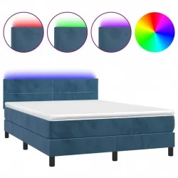 Боксспринг легло с матрак и LED, тъмносиньо, 140x200 см, кадифе