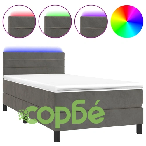 Боксспринг легло с матрак и LED, тъмносиво, 100x200 см, кадифе ➤ топ цена ➤ sorbe.bg