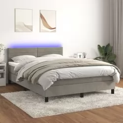 Боксспринг легло с матрак и LED, светлосиво, 140x200 см, кадифе