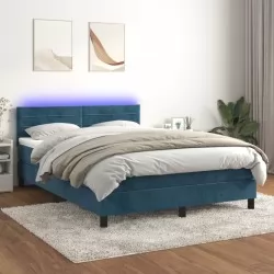 Боксспринг легло с матрак и LED, тъмносиньо, 140x200 см, кадифе