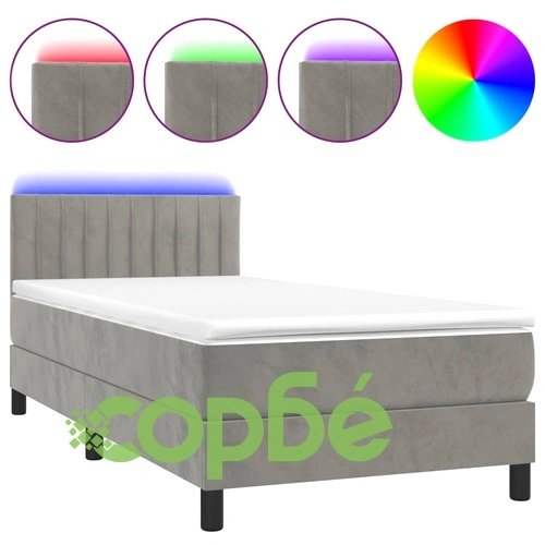 Боксспринг легло с матрак и LED, светлосиво, 90x190 см, кадифе ➤ топ цена ➤ sorbe.bg