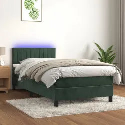 Боксспринг легло с матрак и LED, тъмнозелено, 90x190 см, кадифе