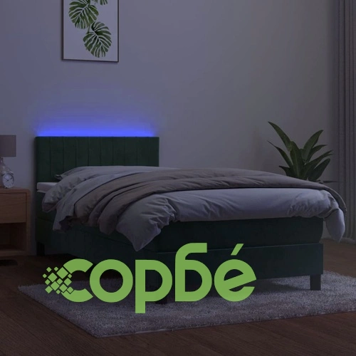 Боксспринг легло с матрак и LED, тъмнозелено, 100x200см, кадифе ➤ топ цена ➤ sorbe.bg