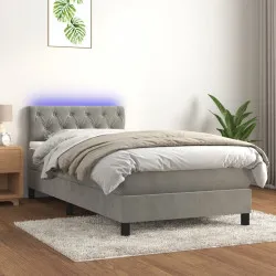 Боксспринг легло с матрак и LED, светлосиво, 80x200 см, кадифе
