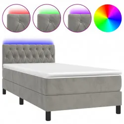 Боксспринг легло с матрак и LED, светлосиво, 90x190 см, кадифе