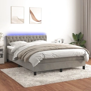 Боксспринг легло с матрак и LED, светлосиво, 140x200 см, кадифе