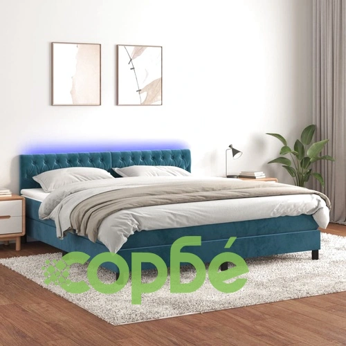 Боксспринг легло с матрак и LED, тъмносиньо, 180x200 см, кадифе ➤ топ цена ➤ sorbe.bg