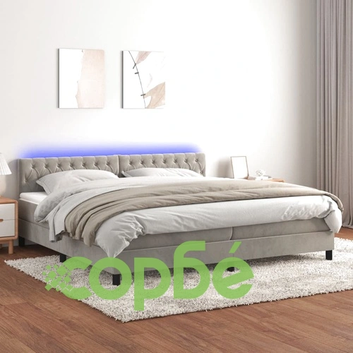 Боксспринг легло с матрак и LED, светлосиво, 200x200 см, кадифе ➤ топ цена ➤ sorbe.bg