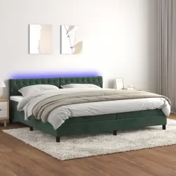 Боксспринг легло с матрак и LED, тъмнозелено, 200x200см, кадифе