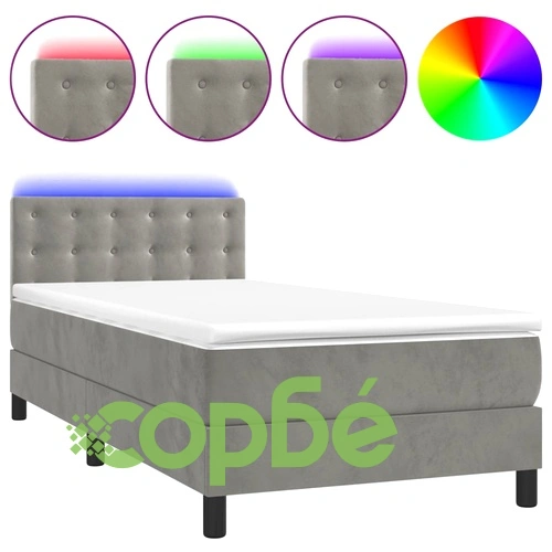 Боксспринг легло с матрак и LED, светлосиво, 90x190 см, кадифе ➤ топ цена ➤ sorbe.bg
