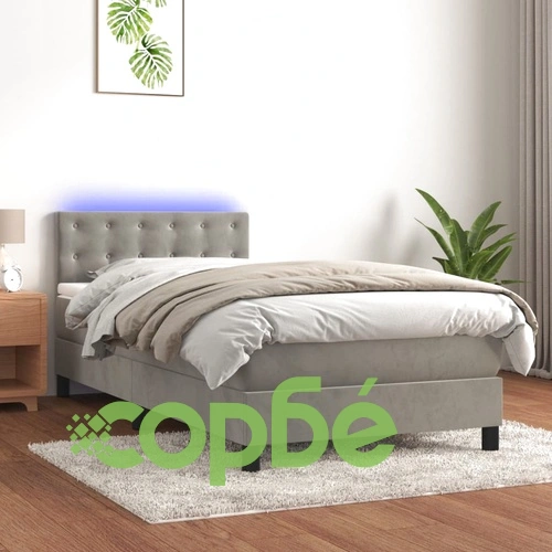Боксспринг легло с матрак и LED, светлосиво, 90x190 см, кадифе ➤ топ цена ➤ sorbe.bg