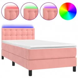 Боксспринг легло с матрак и LED, розово, 90x190 см, кадифе