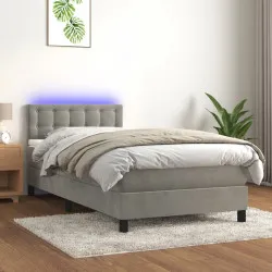 Боксспринг легло с матрак и LED, светлосиво, 90x200 см, кадифе