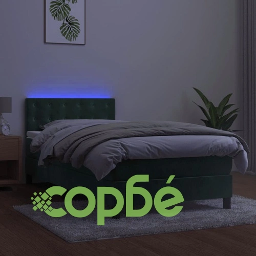 Боксспринг легло с матрак и LED, тъмнозелено, 90x200 см, кадифе ➤ топ цена ➤ sorbe.bg