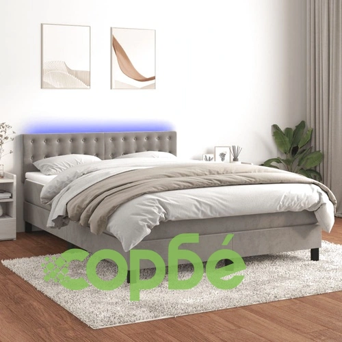 Боксспринг легло с матрак и LED, светлосиво, 140x200 см, кадифе ➤ топ цена ➤ sorbe.bg