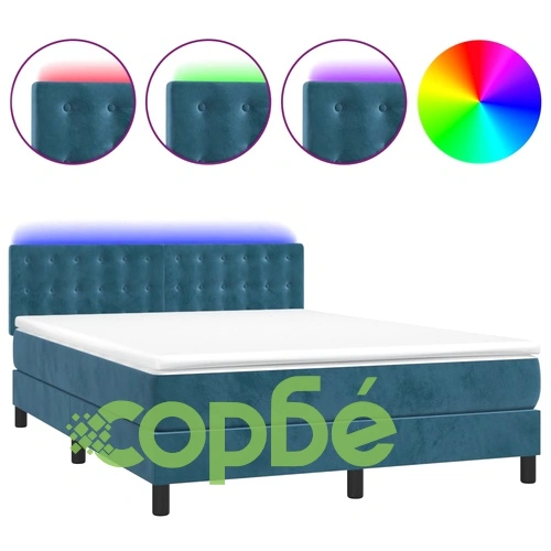 Боксспринг легло с матрак и LED, тъмносиньо, 140x200 см, кадифе ➤ топ цена ➤ sorbe.bg