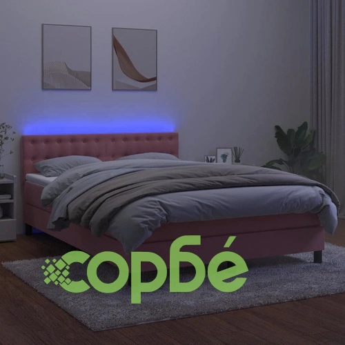 Боксспринг легло с матрак и LED, розово, 140x200 см, кадифе ➤ топ цена ➤ sorbe.bg