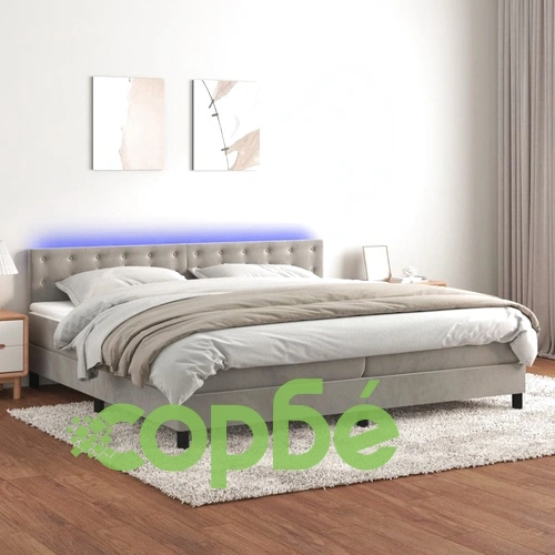 Боксспринг легло с матрак и LED, светлосиво, 200x200 см, кадифе ➤ топ цена ➤ sorbe.bg