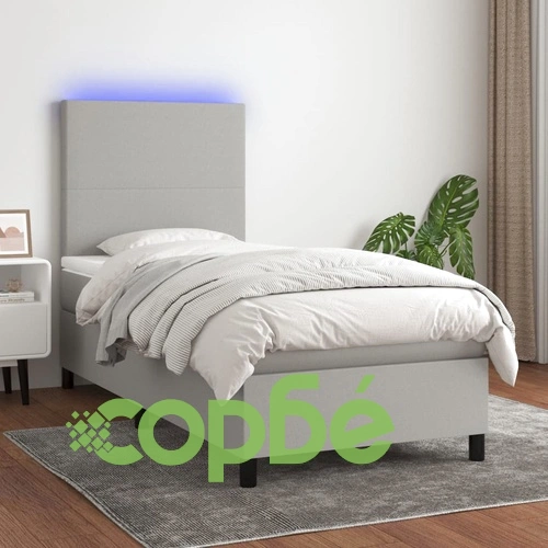 Боксспринг легло с матрак и LED, светлосиво, 90x190 см, плат ➤ топ цена ➤ sorbe.bg
