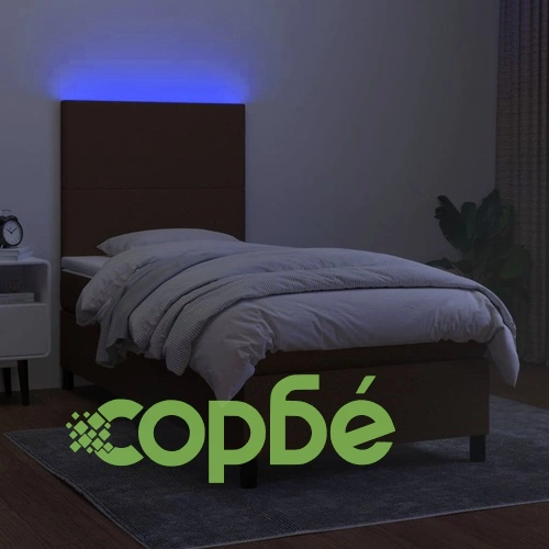 Боксспринг легло с матрак и LED, тъмнокафява, 90x190 см, плат ➤ топ цена ➤ sorbe.bg