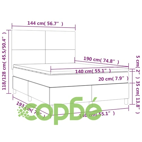 Боксспринг легло с матрак и LED, светлосиво, 140x190 см, плат ➤ топ цена ➤ sorbe.bg