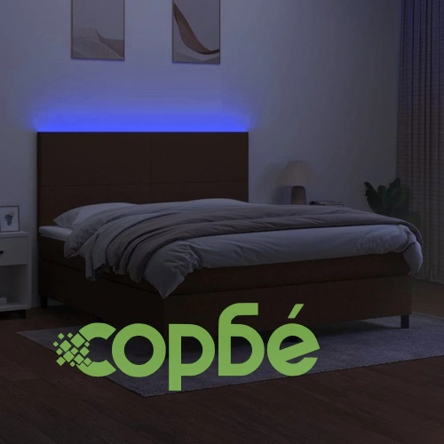 Боксспринг легло с матрак и LED, тъмнокафяво, 180x200 см, плат ➤ топ цена ➤ sorbe.bg