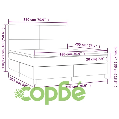 Боксспринг легло с матрак и LED, кремаво, 180x200 см, плат ➤ топ цена ➤ sorbe.bg