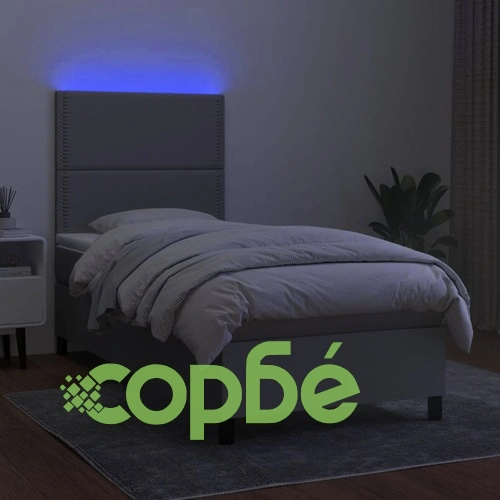Боксспринг легло с матрак и LED, светлосиво, 90x190 см, плат ➤ топ цена ➤ sorbe.bg