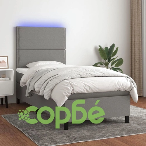 Боксспринг легло с матрак и LED, тъмносиво, 100x200 см, плат ➤ топ цена ➤ sorbe.bg